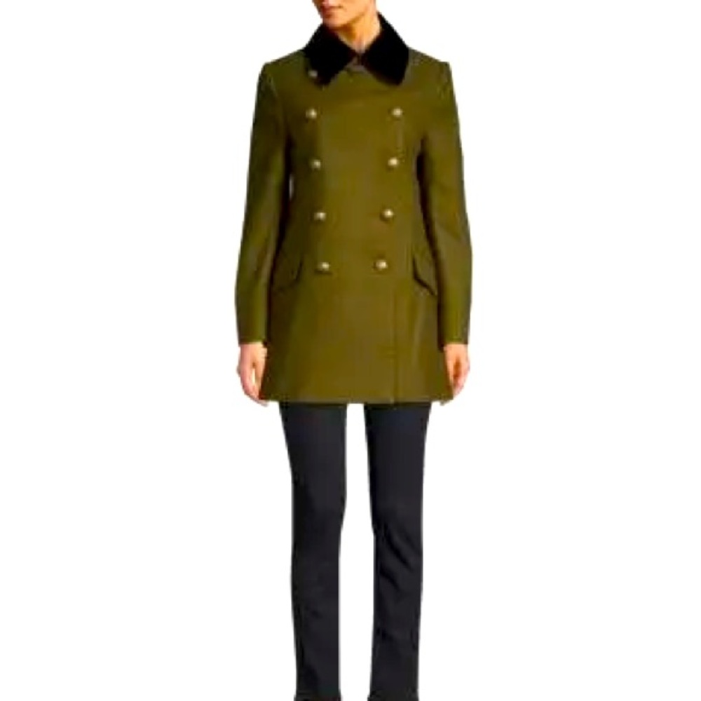 New Burberry London Kelson Velvet - trim double breasted military green coat US4